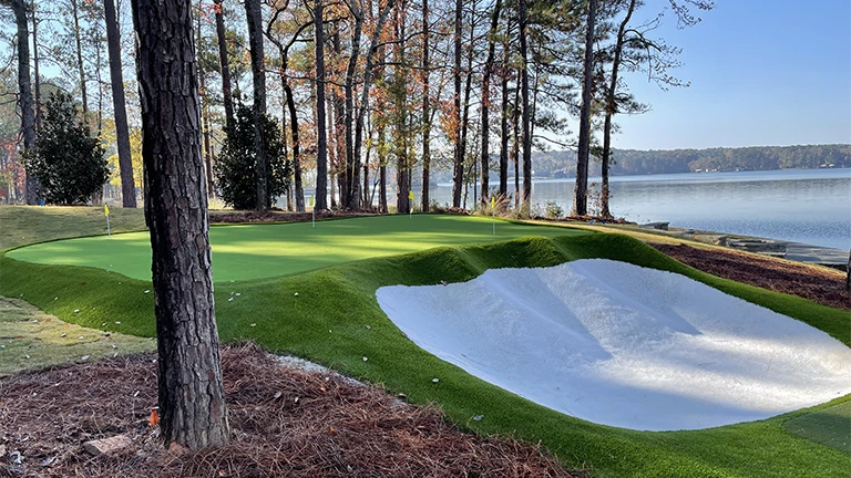 Custom putting green designed by Southern Greens in a Memphis residential yard, featuring professional-grade artificial turf.